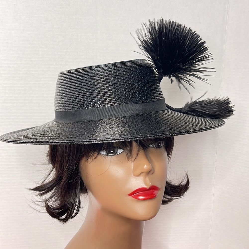 Vintage 60s Black Straw Hat with Feather Plume - Picture 13 of 15